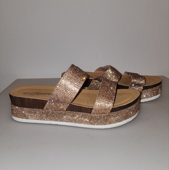 Bedazzled Platform Sandles Size 6 1/2 Forever Tan and Gold - Picture 7 of 9